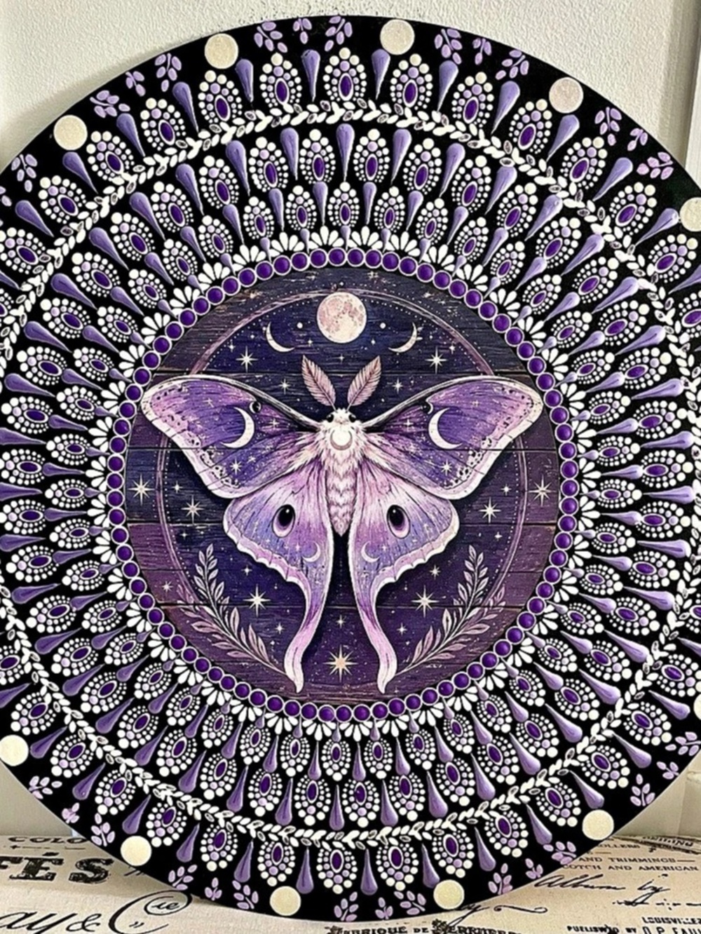 Handpainted Celestial Moth Mandala Wall Art in Purple & cream 16 inch wood